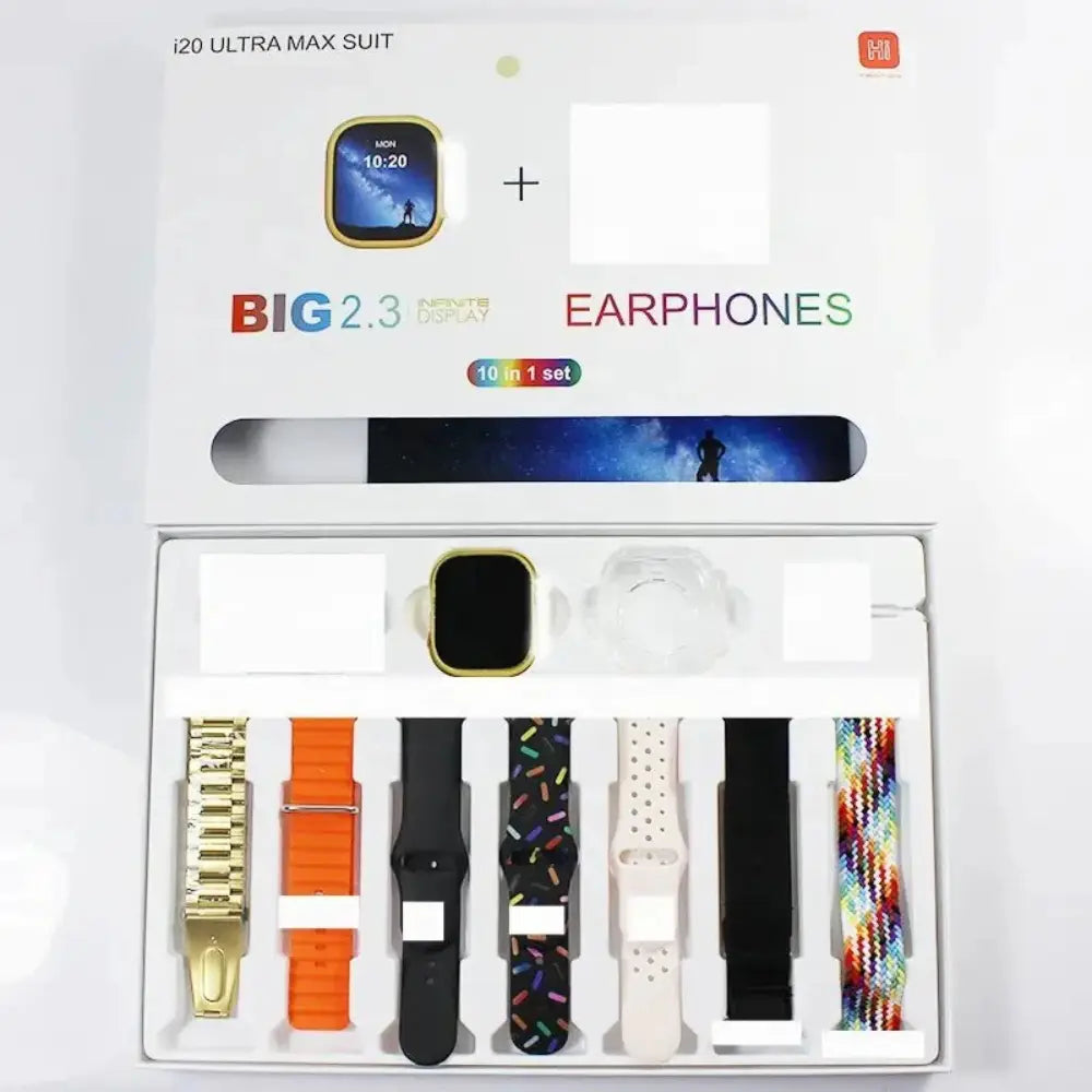 i20 Ultra Max Suit Smartwatch Combo Set 10 in 1– 2.3 Infinite Display Smart Watch, Wireless Earbuds, Protective Case & 7 Interchangeable Straps