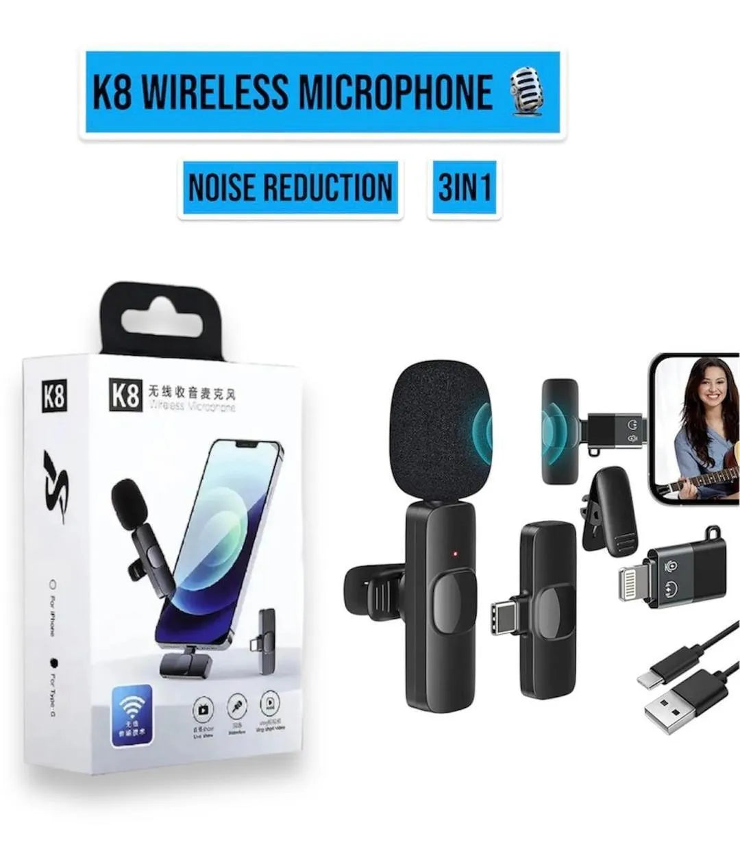 K8 Wireless 3-in-1 Noise Reduction Microphone for Phone Camera