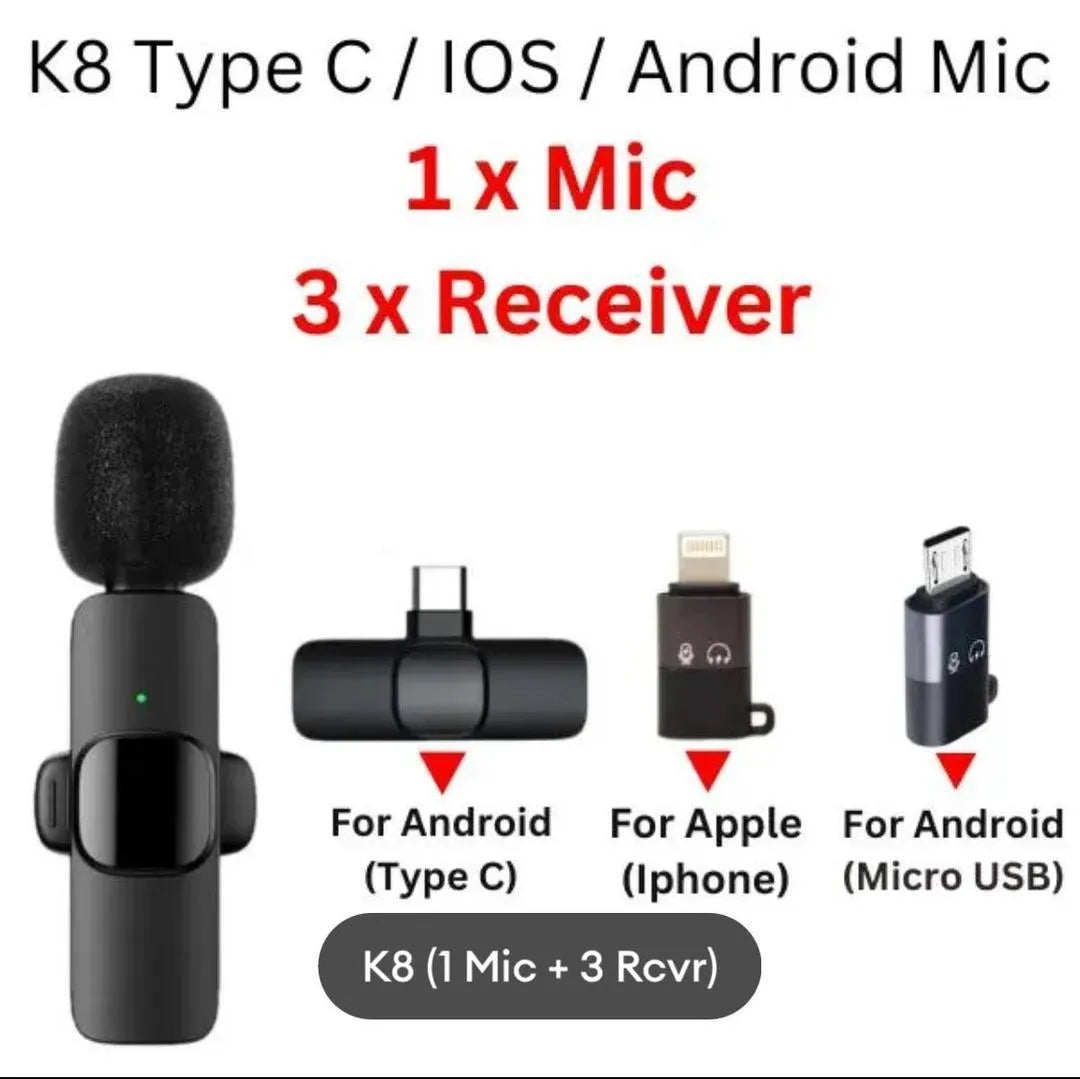 K8 Wireless 3-in-1 Noise Reduction Microphone for Phone Camera