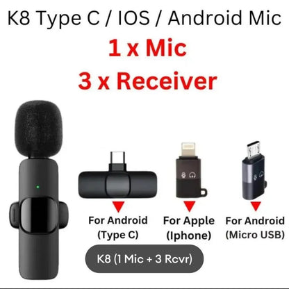 K8 Wireless 3-in-1 Noise Reduction Microphone for Phone Camera