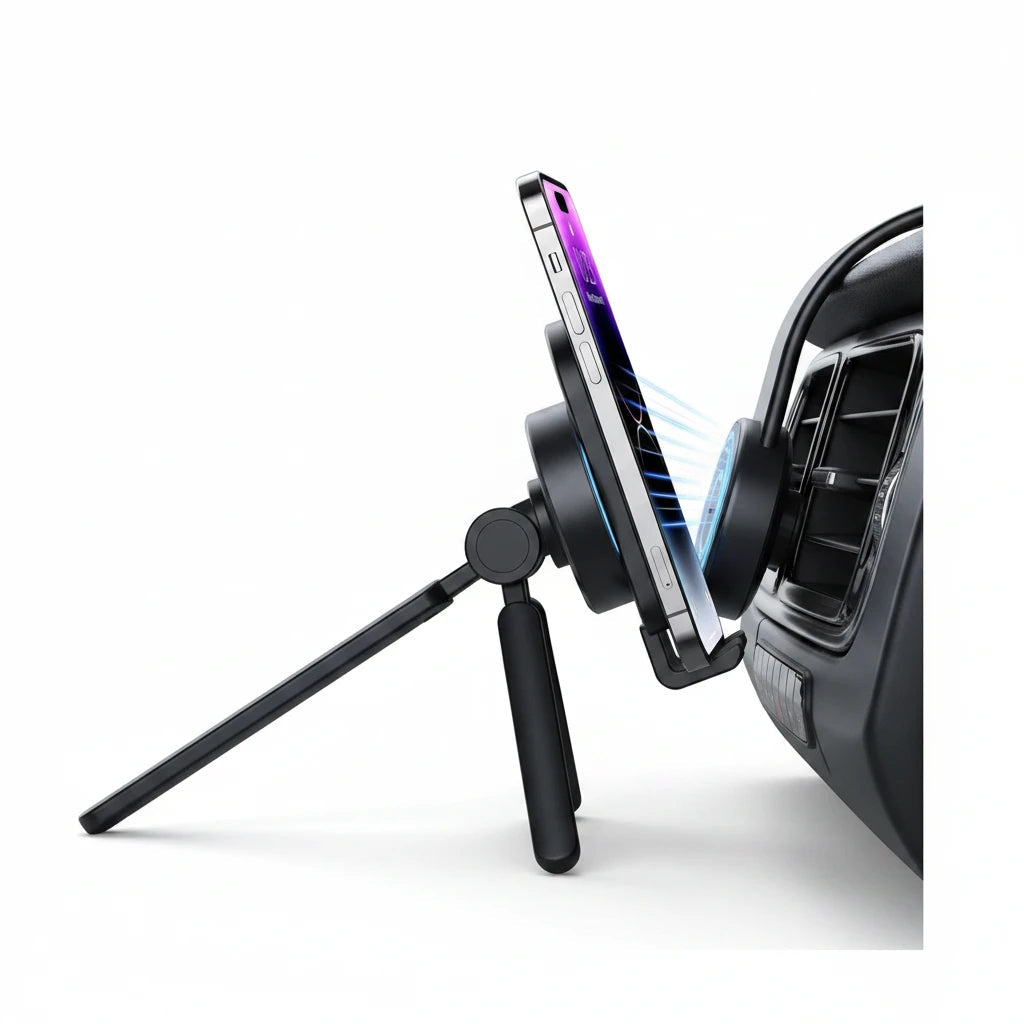 Sable adjustable magnetic smartphone mount in matte black attached to a car air vent with a phone held securely.